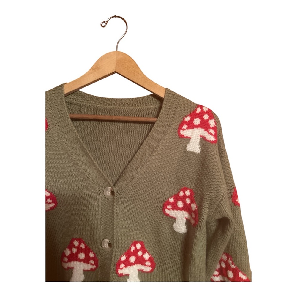 Whimsical Green and Red Mushroom Cardigan Sweater Women’s Size Large - Picture 2 of 3